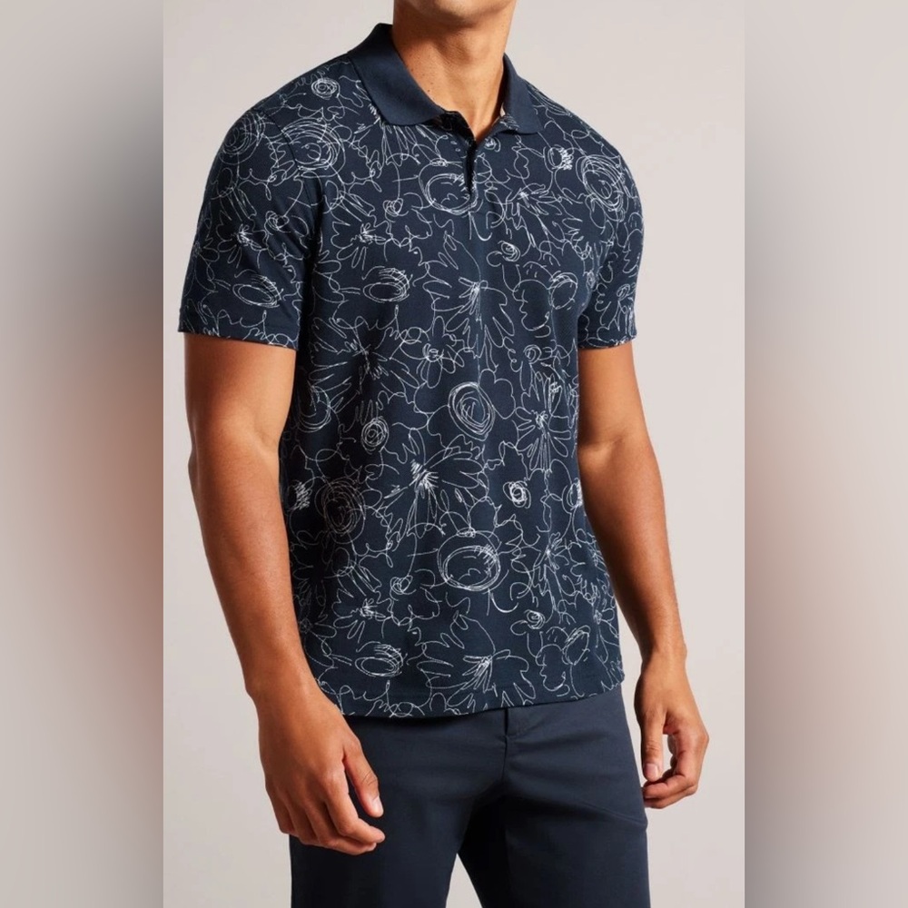 NWT Ted Baker Men's Navy Floral Polo Shirt Organic 100 % Polo Shirt Size 3